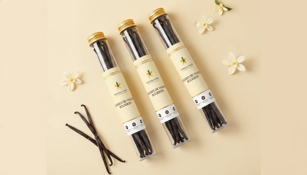 Trois tubes de gousses de vanille Vanilha Noire en présentation moderne