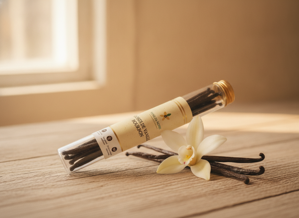 Tube de vanille Vanilha Noire posé sur bois avec fleur de vanille