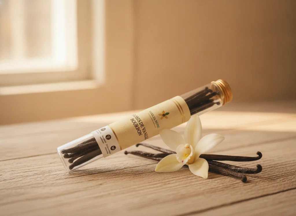 Tube de vanille Vanilha Noire posé sur bois avec fleur de vanille