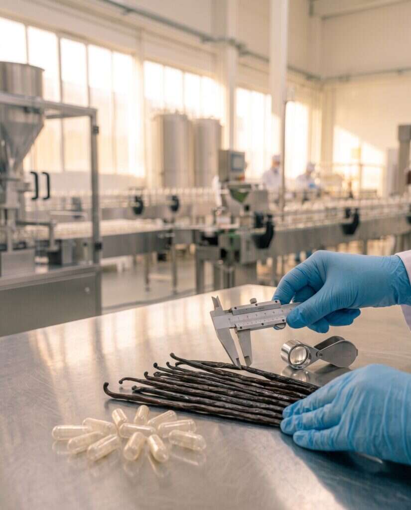 Contrôle qualité de gousses de vanille Bourbon près de gélules
