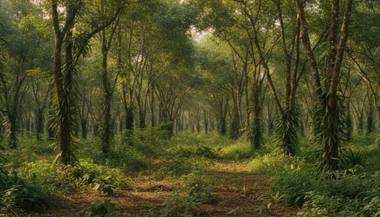 Parcelle de vanille cultivée en agroforesterie, lumière naturelle filtrée par la canopée