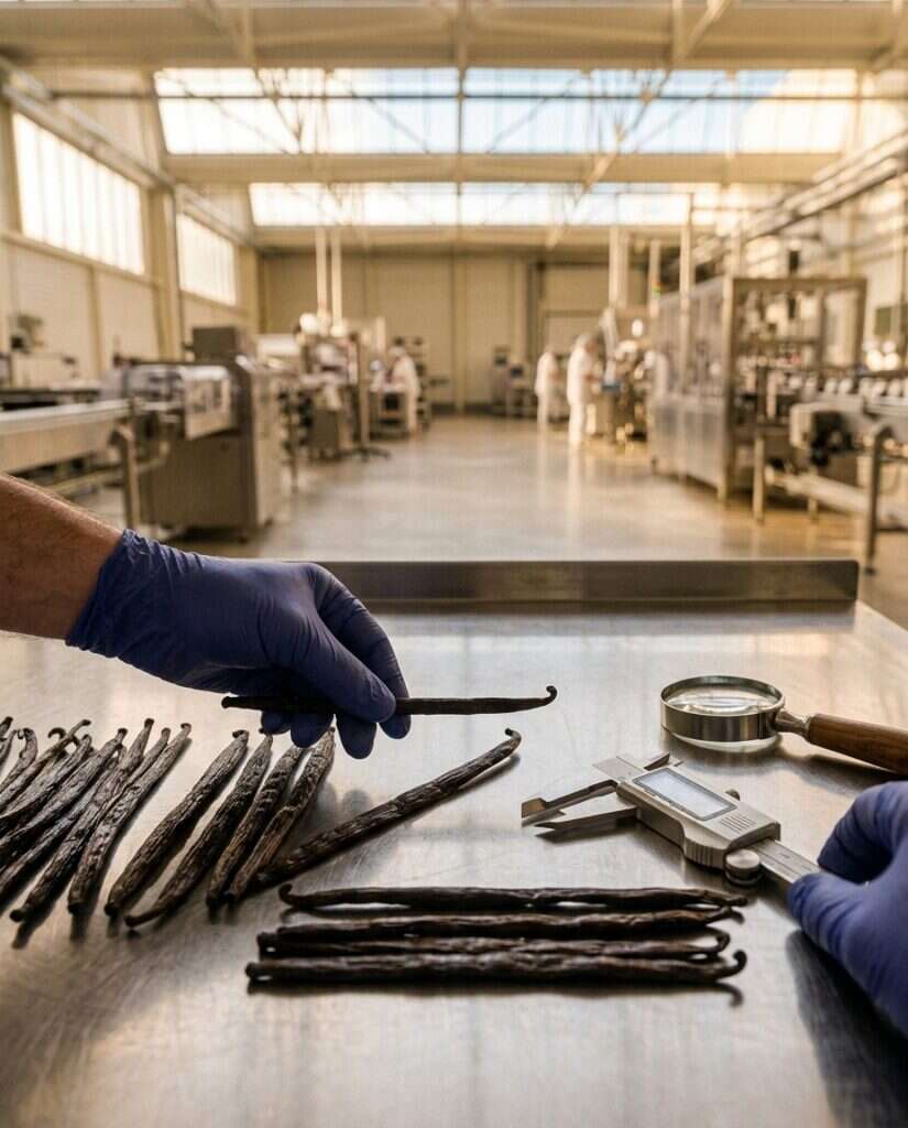 Contrôle qualité de gousses de vanille Bourbon au pied à coulisse