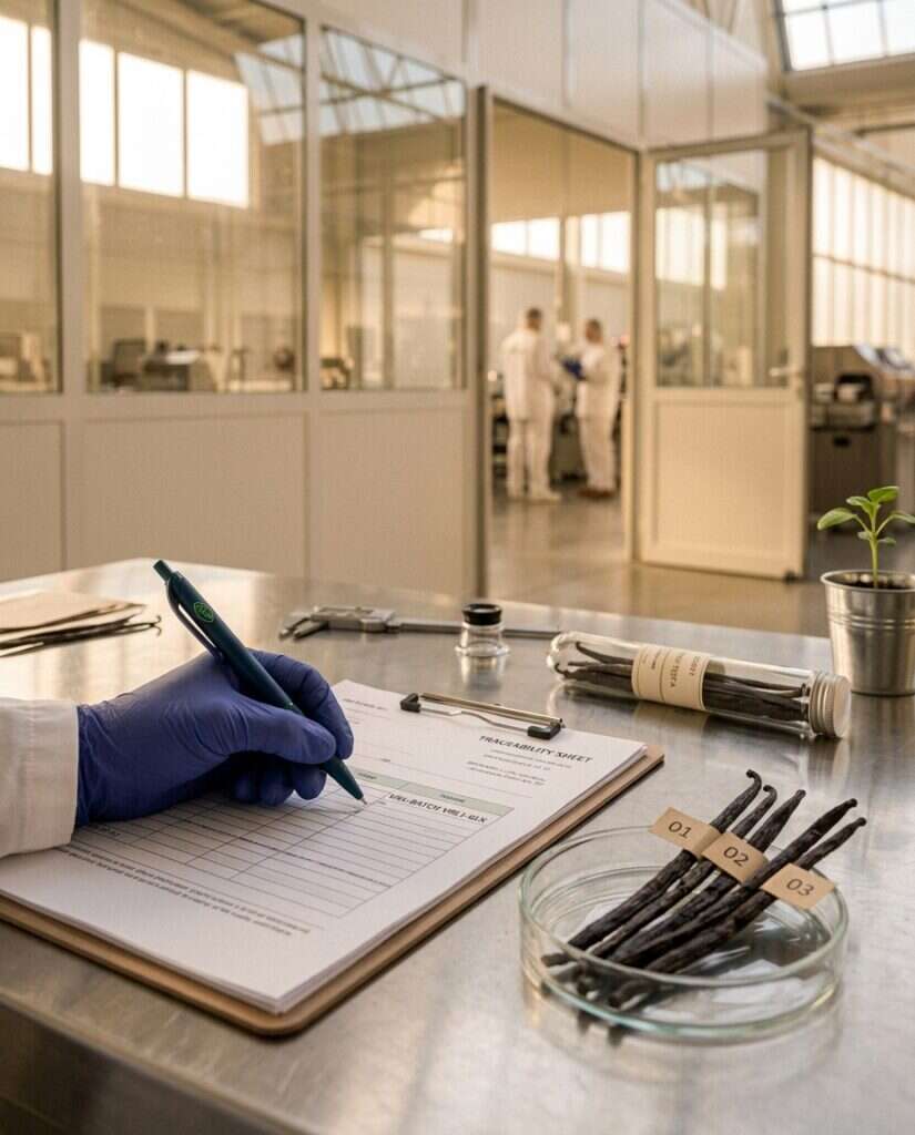 Fiche de traçabilité renseignée en laboratoire, échantillons de vanille numérotés