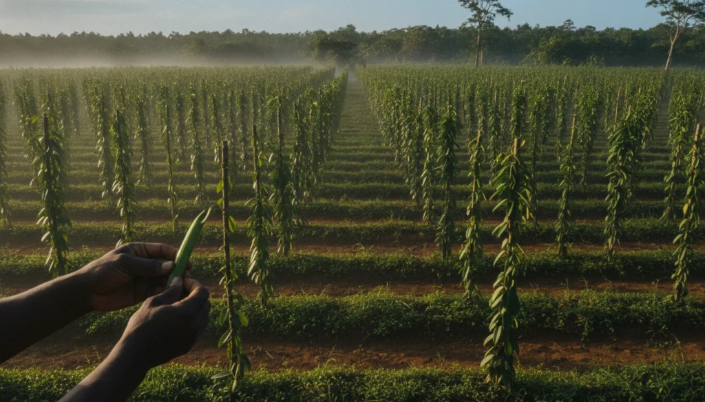 Vue sur une plantation de vanille à Madagascar, mains examinant une gousse fraîchement récoltée