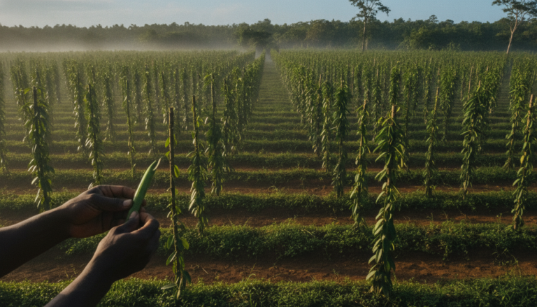 Vue sur une plantation de vanille à Madagascar, mains examinant une gousse fraîchement récoltée