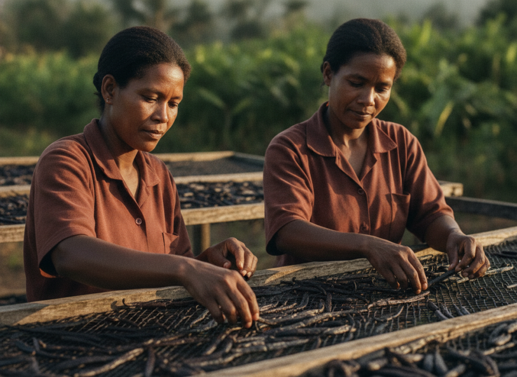 Producteurs malgaches triant des gousses de vanille sur une claie en bois