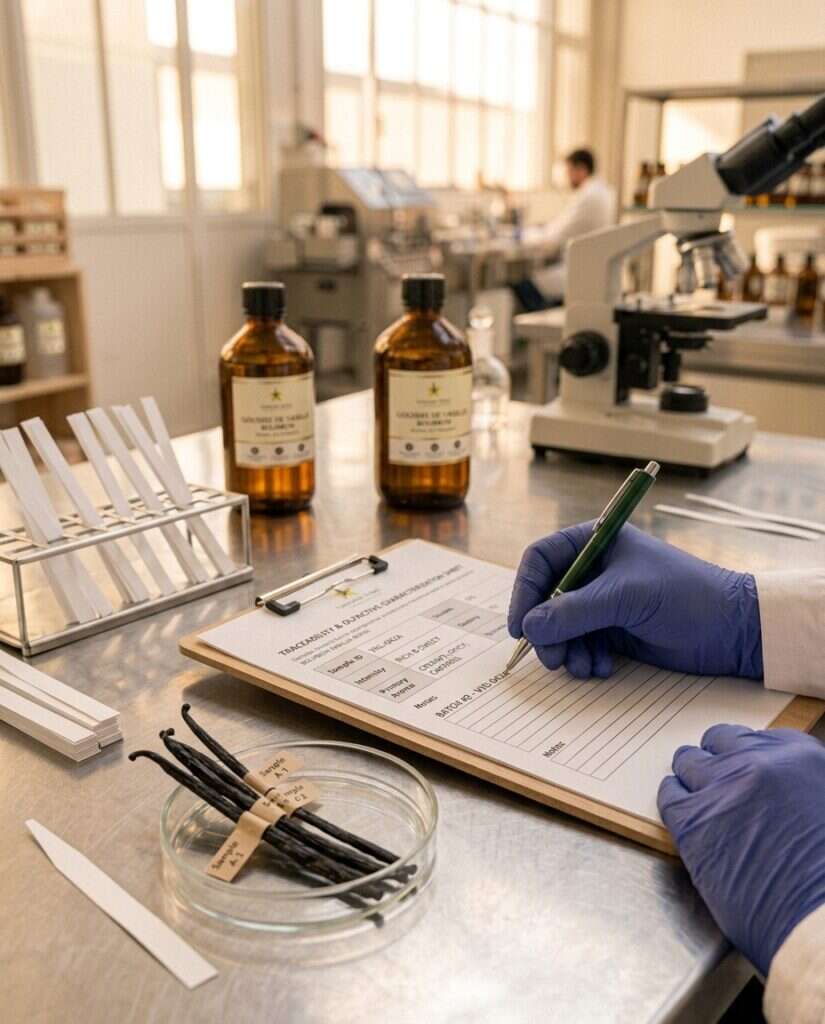 Fiche de caractérisation olfactive renseignée, échantillons de vanille numérotés
