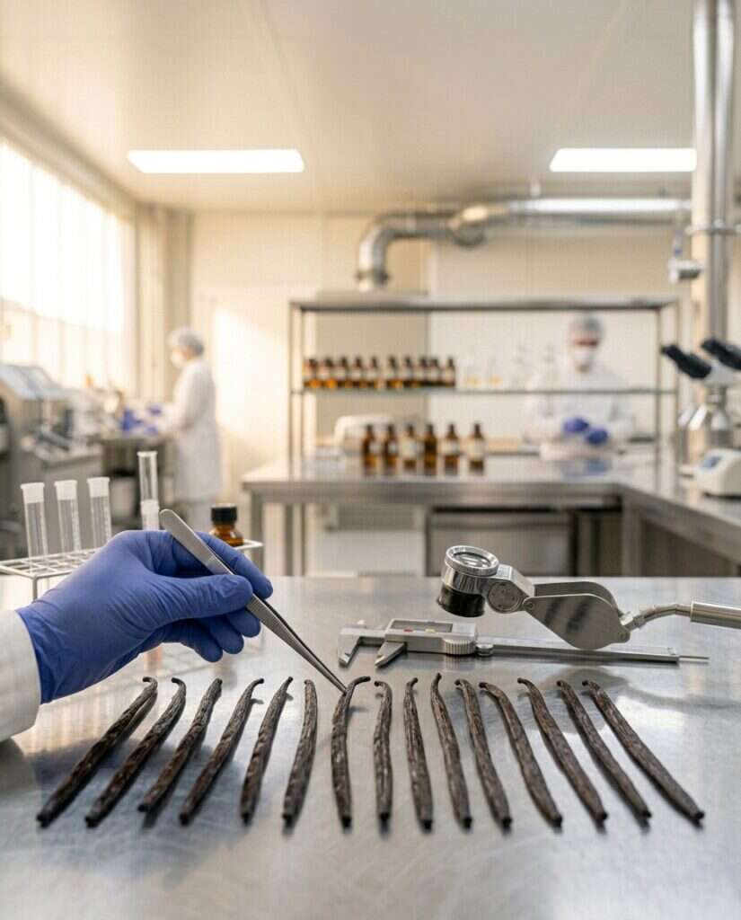 Contrôle qualité de gousses de vanille Bourbon en salle blanche pharmaceutique