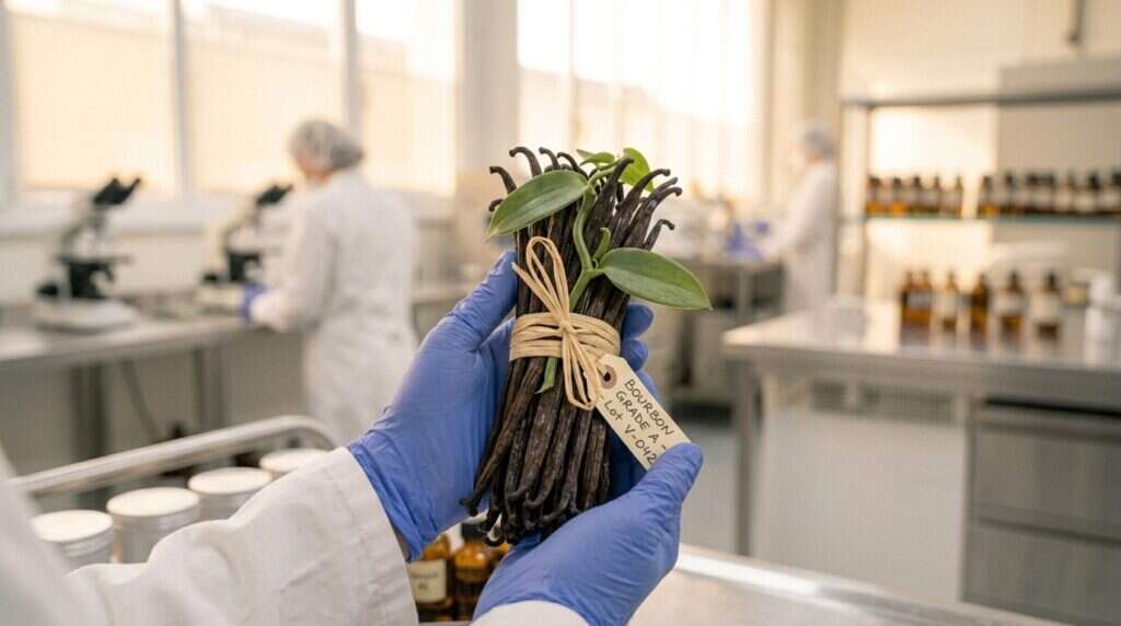 Bouquet de gousses de vanille Bourbon fraîchement récoltées, filière Vanilha Noire