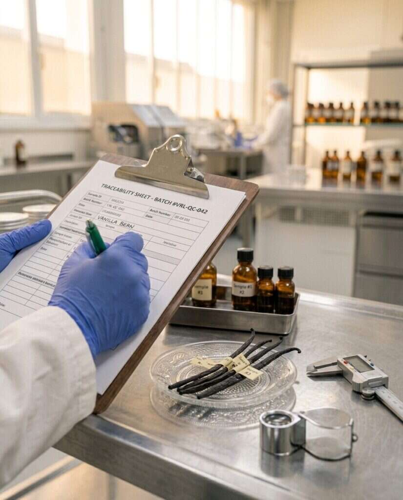 Fiche de traçabilité renseignée en laboratoire pharmaceutique, échantillons numérotés